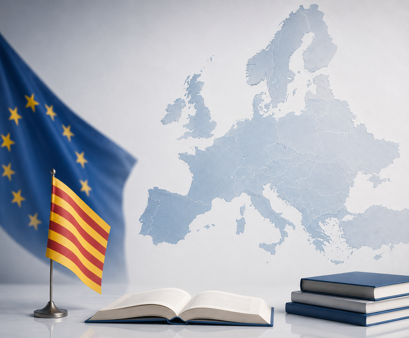 Composició amb la bandera europea, la senyera, un mapa d’Europa i llibres